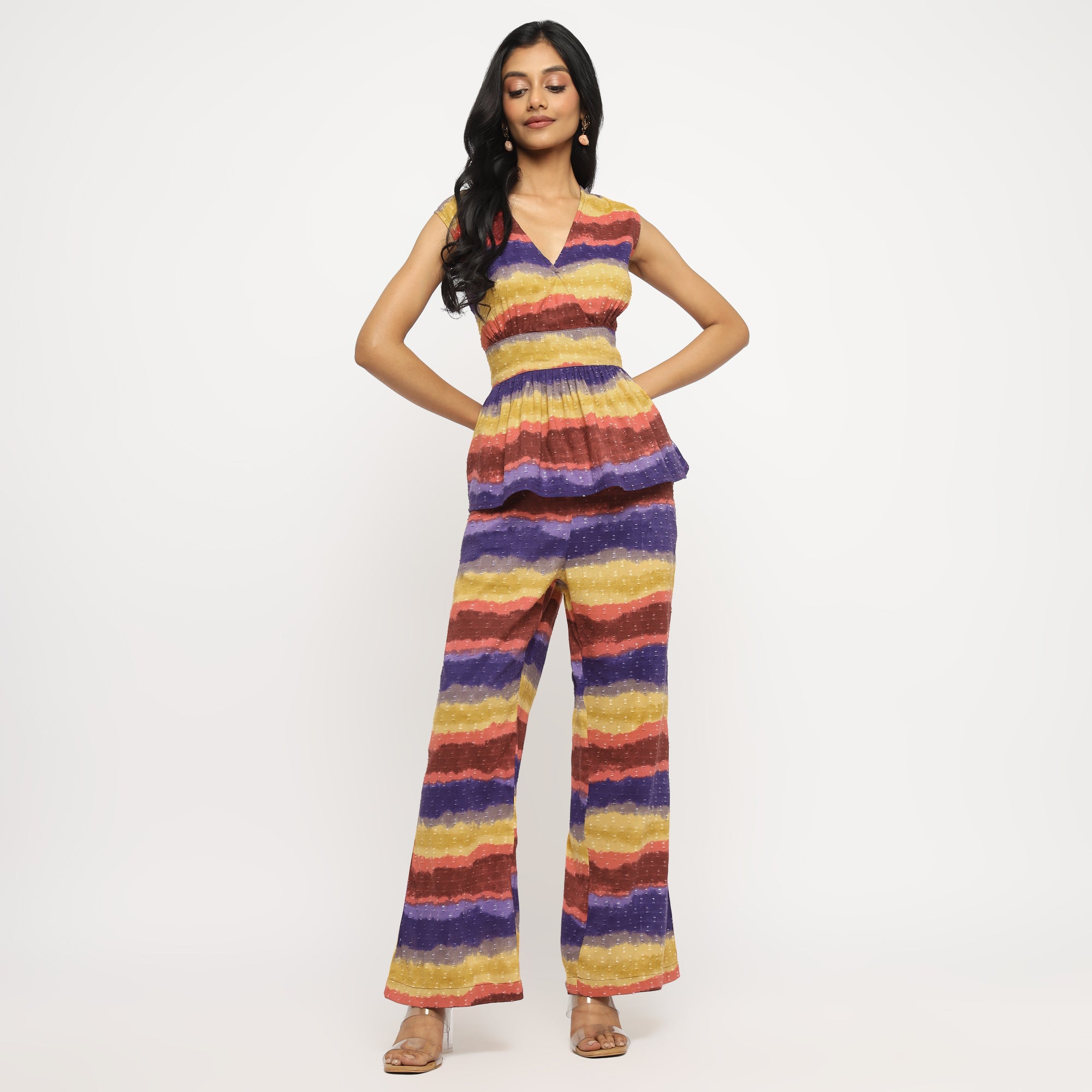 Multicolor Sleeveless Peplum Top & Wide-Leg Pants Co-ord Set